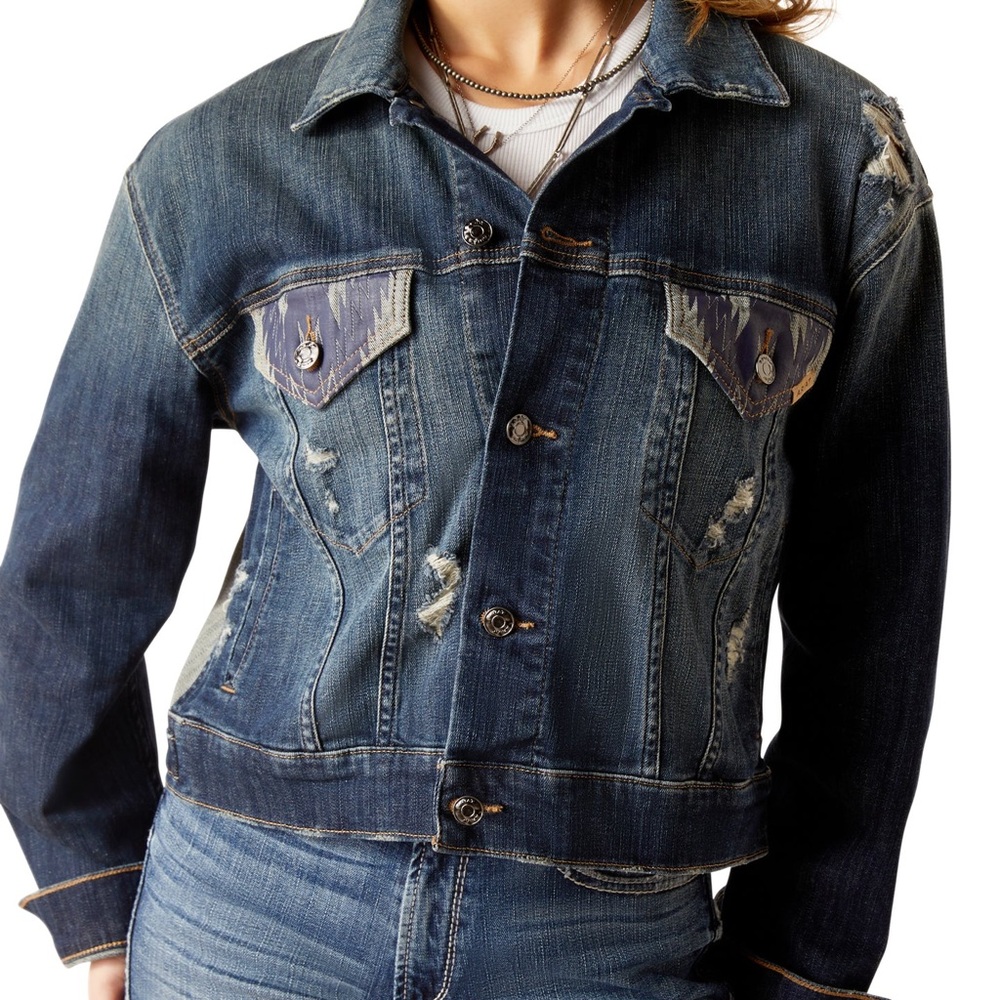 Ariat Women's Chimayo Aztec & Burbank Distressed Cropped Denim Jacket New Sz. Lg